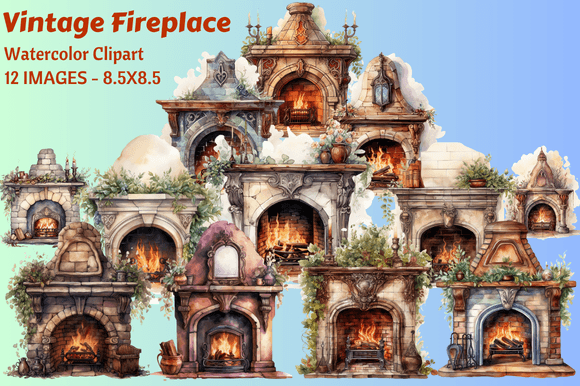 Download Vintage Fireplace Watercolor Clipart - Clipart Collection