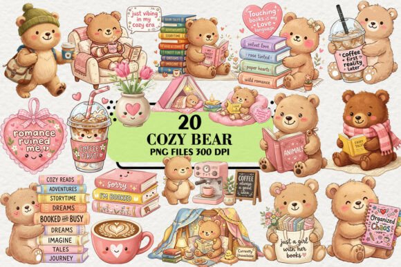 Download Kawaii Cozy Bear Coffee &amp; Books Clipart - Clipart Collection