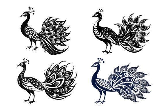 Download Peacock Line Art Silhouette Set. - Line art silhouette Collection
